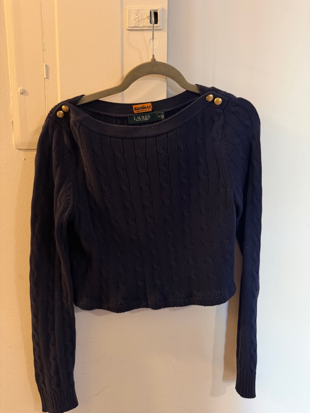Lauren Ralph Lauren Navy Cable Knit Sweater with Decorative Gold Buttons